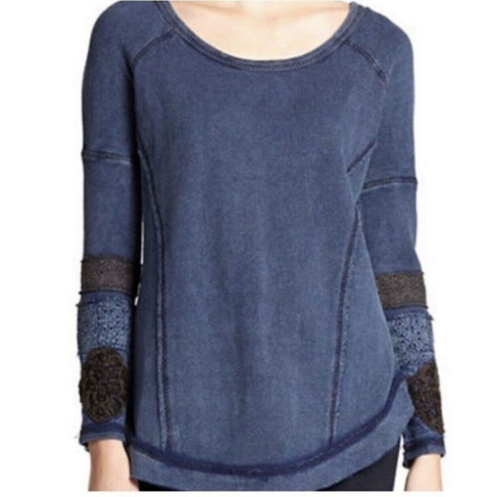 Free People You Dont Own Me Navy Embroidered Oversized Long Sleeves Tunic Top M - Picture 3 of 11